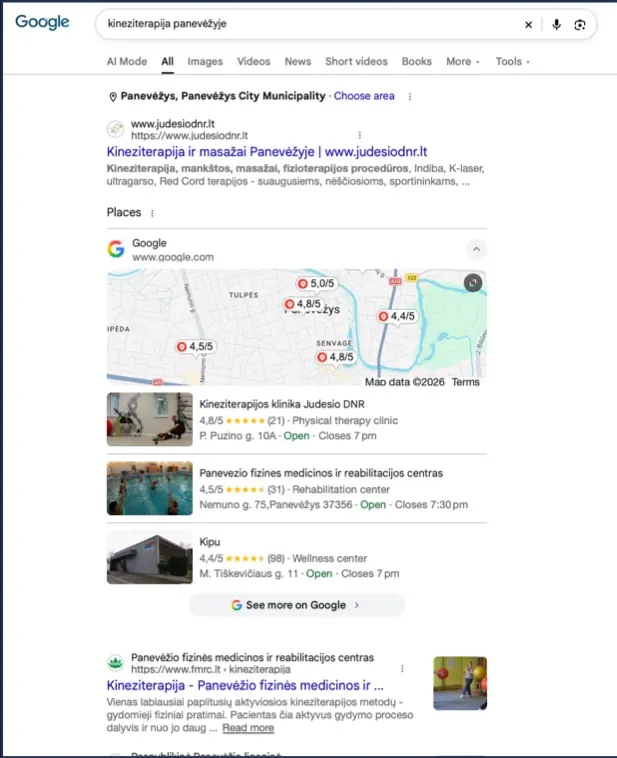 Google results for “kineziterapija panevėžyje” (physiotherapy Panevėžys): Judesio DNR website is the first organic result and the clinic is first in the Google Maps pack
