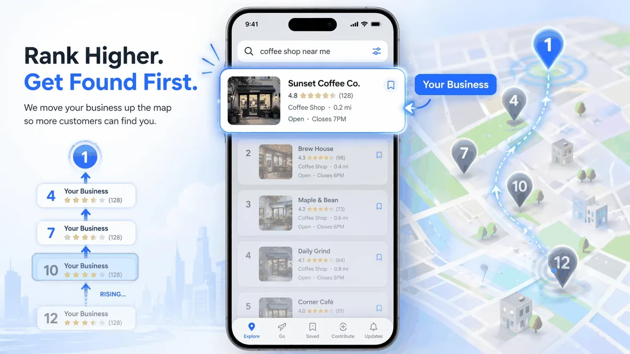 A business climbing from position 12 to position 1 on Google Maps